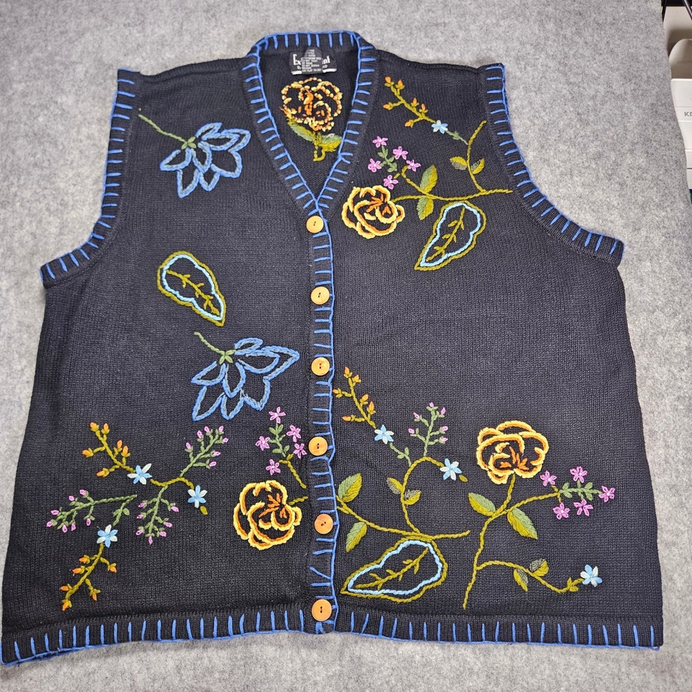VTG Womens Black Sweater Vest Floral Knit Granny Cottagecore Whimsical Sz 3X